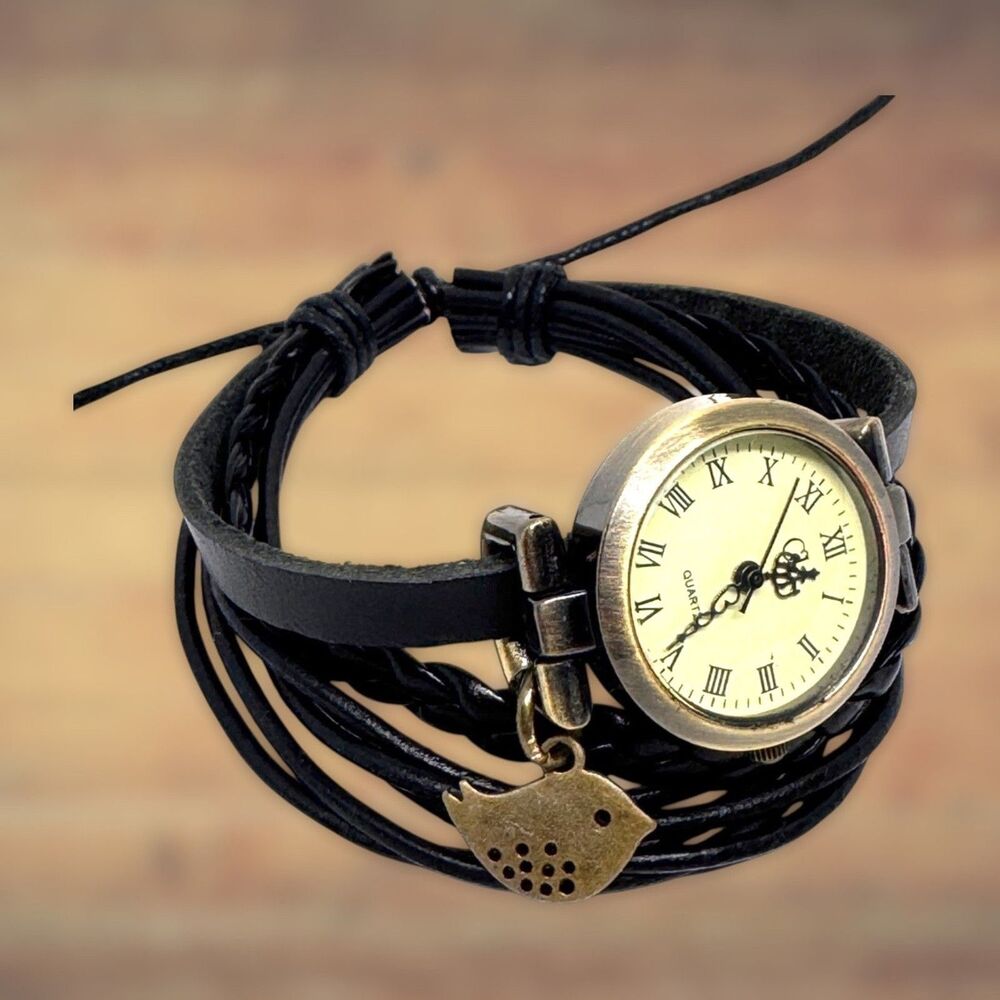 Black Wrap Ladies Women's Watch Wrap with Cute Bird Charm #1187 - Picture 4 of 8